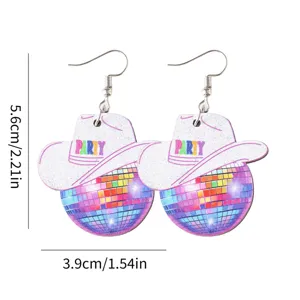 Wooden disco ball cowboy hat earrings for music festival party western style fashion jewelry gift