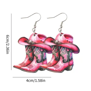 Wooden Western Cowboy Hat Boots Dangle Earrings Pink Festival Party Ear Jewelry Gift