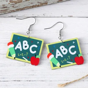 Pendientes colgantes de pizarra acrílica con letras ABC y manzana para la vuelta al cole.