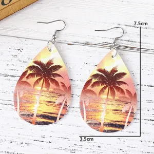Tropische Sonnenuntergang Palme PU Leder Tropfen Ohrringe fuer Damen Strand Urlaub Schmuck.