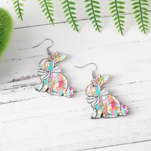 Pendientes colgantes de conejo de Pascua de madera, lazo colorido, regalo de joyería de moda.