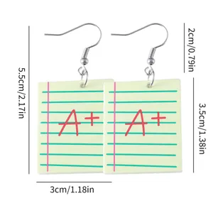 Pendientes colgantes de acrílico con cuaderno y diseño A+ lindo para la vuelta al cole.