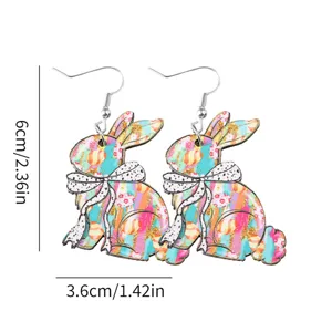 Pendientes de madera de conejo de Pascua con lazo, joyería estampada de doble cara bonita.