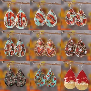 Sportliche Kunstleder Ohrhänger Doppelseitig Bedruckt Football Rugby Leopard Herz Wassertropfen Ohrringe Für Damen Schmuck Geschenk
