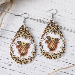 Western cowboy leopard cow print sunflower teardrop PU leather earrings for women fashion