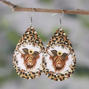 Western Cowboy Style PU Leather Teardrop Dangle Earrings Double Sided Printed Leopard Cow Sunflower Highland Cow Head Drop Earrings For Women