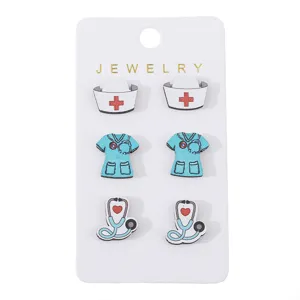 Bonito juego de pendientes de botón de madera con estetoscopio de enfermera regalo joyas