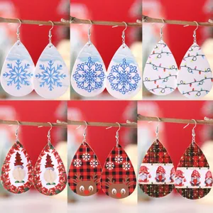 Christmas PU Leather Water Drop Dangle Earrings Printed Gnome Reindeer Snowflake Patterns Holiday Festival Jewelry For Women
