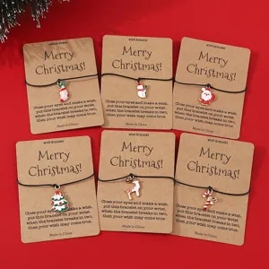 Weihnachten Urlaub Karte Wunsch Armband Handgemacht Gewebt Verstellbar Schwarz Kordel Armband Mit Legierung Cartoon Anhänger Für Festliche Geschenk Party Damen Kinder Schmuck