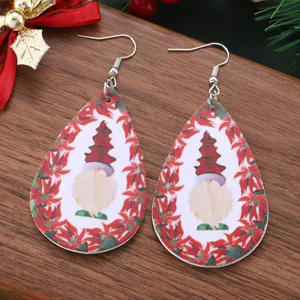 Christmas gnome teardrop faux leather earrings with red floral wreath design for festive wear.