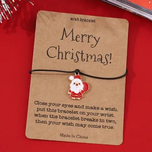 Weihnachtsmann Wunscharmband mit schwarzer Kordel auf Packpapier Anzeigekarte Detail