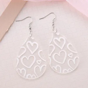 Valentine Day Heart Print Acrylic Teardrop Pendant Earrings Minimalist Jewelry Gift