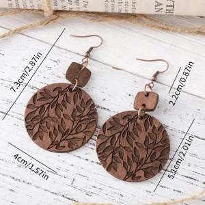 Pendientes bohemios de madera con hojas, joyas colgantes talladas de doble cara.