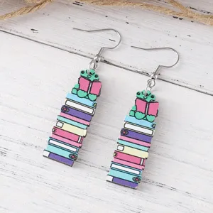 Cute wooden book stack dangle earrings with cute little turtle reading design for back to school.