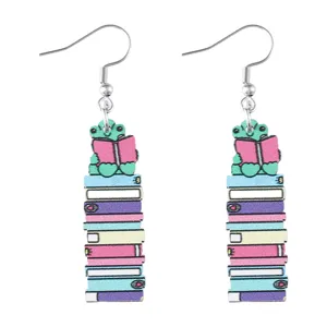 Wooden book stack dangle earrings with cute reading turtle design, perfect teacher gift detail view.