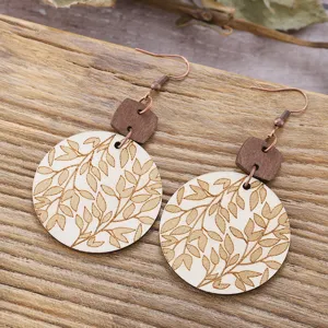 Pendientes colgantes de madera boho con hoja redonda moda otoño joya regalo mujer.