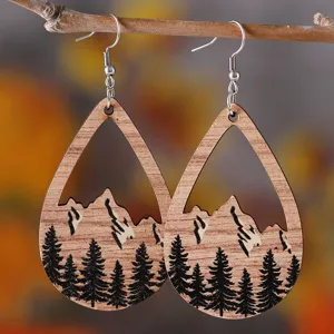 Pendientes de Gota de Agua de Madera Estilo Western Huecos de Doble Cara Patrón de Montaña Pino Joyería para Mujer