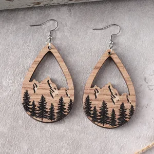 Pendientes colgantes de madera con grabado láser de abetos pinos y montañas estilo boho