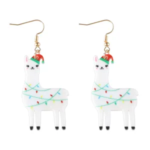 Pendientes colgantes de alpaca llama acrílica de Navidad con sombrero festivo y luces.