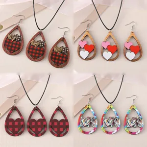 Wooden teardrop heart earrings necklace set Valentine Day jewelry variants detailed view