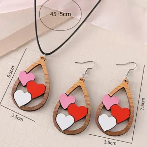 Wooden teardrop love heart necklace earrings jewelry set for women fashion gift accessories