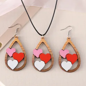 Valentine Day Wood Earrings Necklace Set Colorful Leopard Print Plaid Heart Shaped Teardrop Wooden Jewelry Set For Women Girlfriend Gift