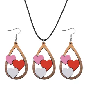 Wooden heart pendant earrings and necklace set for Valentine day fashion jewelry gift