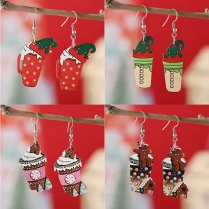 Boucles d'Oreilles Noël en Bois Tasse à Café Flocon de Neige Recto-Verso Bonhomme de Pain d'Épices Bijoux Femme