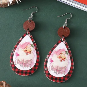 Pendientes colgantes de cuero y madera Papá Noel cuadros navideños para mujer fiesta moda