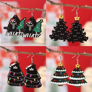 Christmas Lights Black Cat Christmas Tree Wooden Double-sided Drop Earrings Festive Jewelry Women Wood Stainless Steel Earring