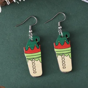 Boucles d'oreilles pendantes tasse de café elfe de Noël en bois, bijoux festifs double face.