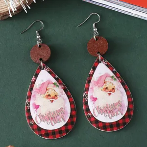 Navidad retro Santa cuero gota pendientes con cuadros madera rebanada colgante