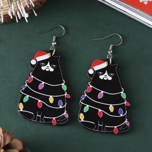 Christmas black cat wooden drop earrings with colorful lights, festive holiday jewelry gifts.