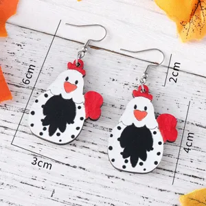 Wooden Rooster Dangle Earrings Cute Farm Chicken Drop Jewelry for Women Fall Autumn