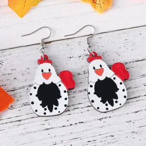 Cute wooden thanksgiving turkey chicken drop earrings for women, rustic farm autumn jewelry.