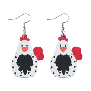 Cute wooden chicken drop earrings with red heart beak and black dots farm style jewelry for women