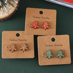 Pendientes de Botón de Madera Tallada de Árbol de Navidad Creativos Estampado de Leopardo Lindos Pendientes Geométricos con Poste de Acero Inoxidable