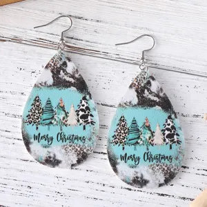Christmas leopard print teardrop leather earrings festive western style jewelry drops