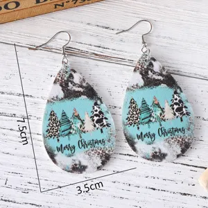 Christmas teardrop leather earrings leopard print tree pattern fashion holiday gift for women