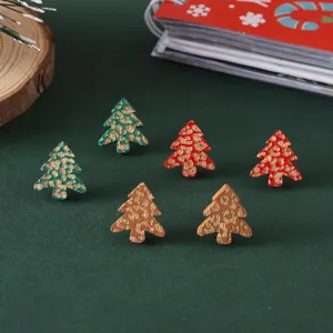 Pendientes de árbol de Navidad de madera tallada, joyas creativas con estampado.