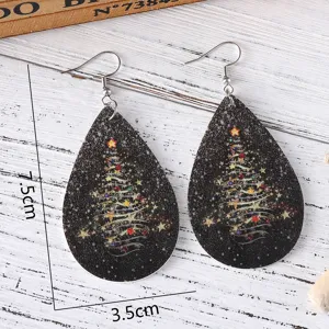Weihnachtsbaum Tropfen PU Leder Ohrringe mit Sternen Motiv, festlicher doppelseitiger Schmuck.