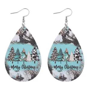 Christmas leopard print Christmas tree teardrop PU leather earrings western jewelry