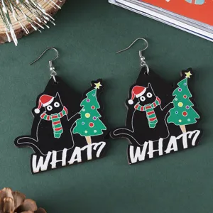Christmas black cat wooden dangling earrings with cute tree and holiday festive design.