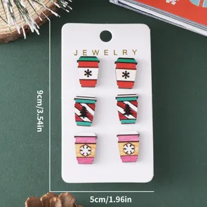 Ensemble de boucles d'oreilles tasse de café de Noël en bois flocon de neige détail
