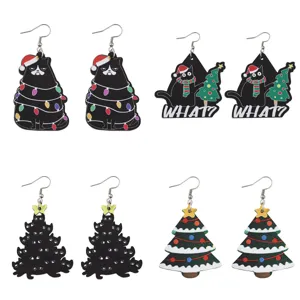 Christmas wooden earrings black cat tree holiday jewelry gift cute festive dangling earrings