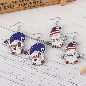 Hölzerne USA Zwerg Ohrringe Patriotische Sterne Rot Weiß Blau Festival Schmuck Accessoire