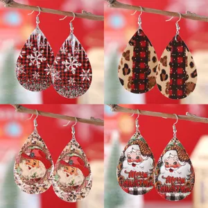 Kerstman Luipaardprint Ruitjes Sneeuwvlok Waterdruppel Oorbellen PU-leer Dubbelzijdige Oorsieraden Voor Vrouwen Feestelijke Party Cadeau