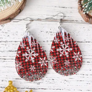 Kerst rood zwart ruit sneeuwvlok druppel PU leer oorbellen dames vakantie sieraden