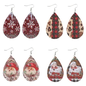 Kerst druppel oorbellen PU leer vintage Kerstman ruit luipaard sneeuwvlok feestelijke sieraden