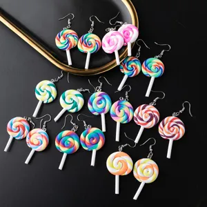 Colorful polymer clay lollipop drop earrings for women, cute sweet candy jewelry gifts.